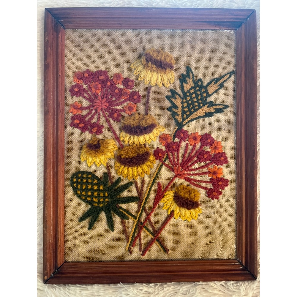 Vintage Crewel Embroidery Framed Wall Art 10x13 Sunflowers 70s Boho Floral READ